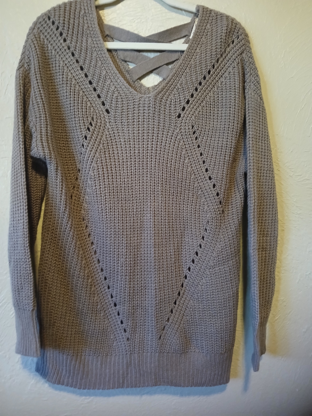 Ultra Flirt Taupe V-Neck Knit Sweater with Crisscross Back
